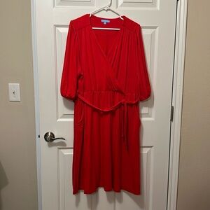 Draper James RSVP Red Faux Wrap dress with balloon elbow sleeves, size 1X